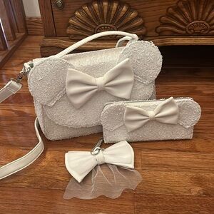 Loungefly Minnie Mouse Sequin Bride Wedding Crossbody Bag and wallet set
